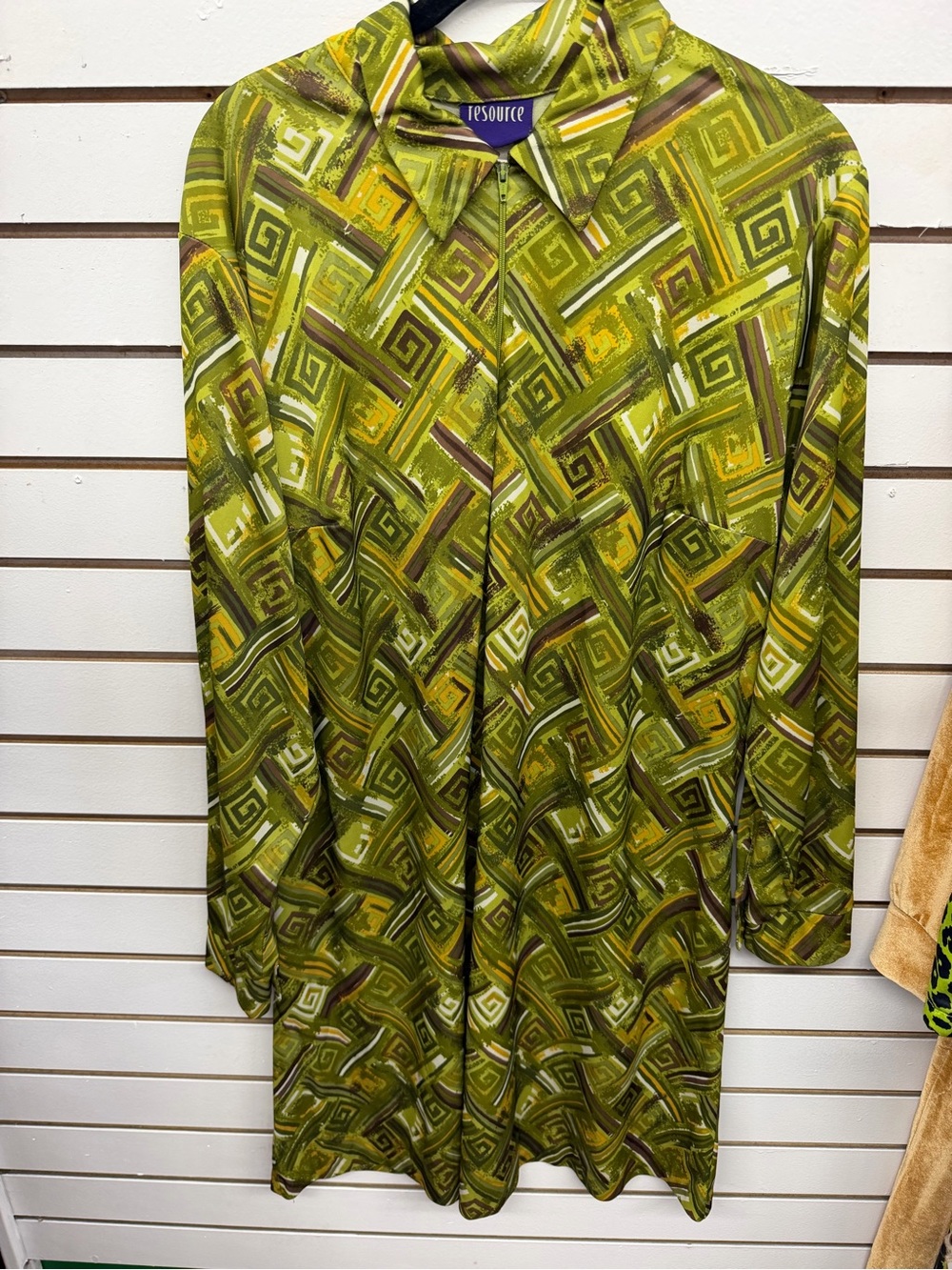 Vintage Resource Green Geometric Print Zip Front Dress Retro Mod